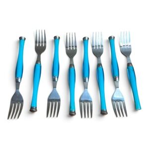 Gibson Stainless Steel Forks Set of 8 Turquoise Blue Tapered Plastic Handles